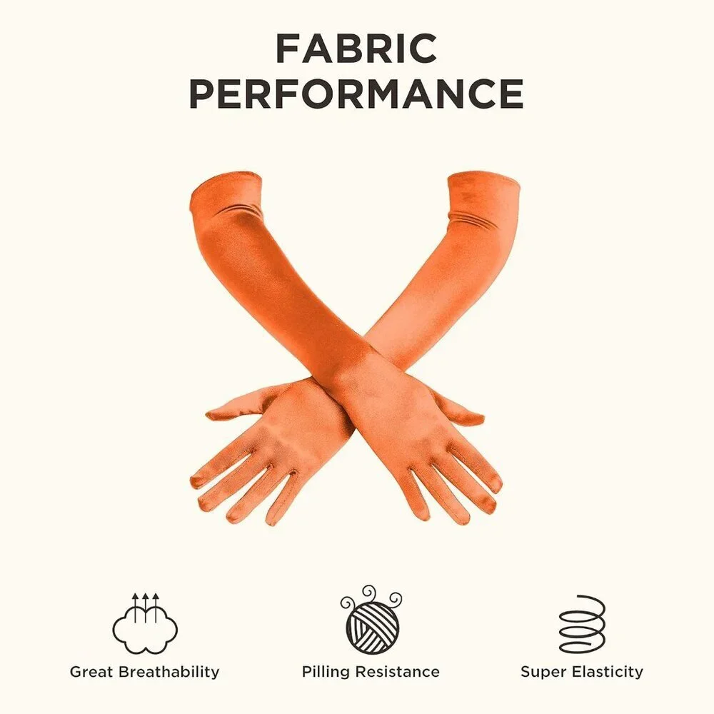 Women's Orange Vintage Satin Long Gloves Party Costume Stretchy Elbow Length